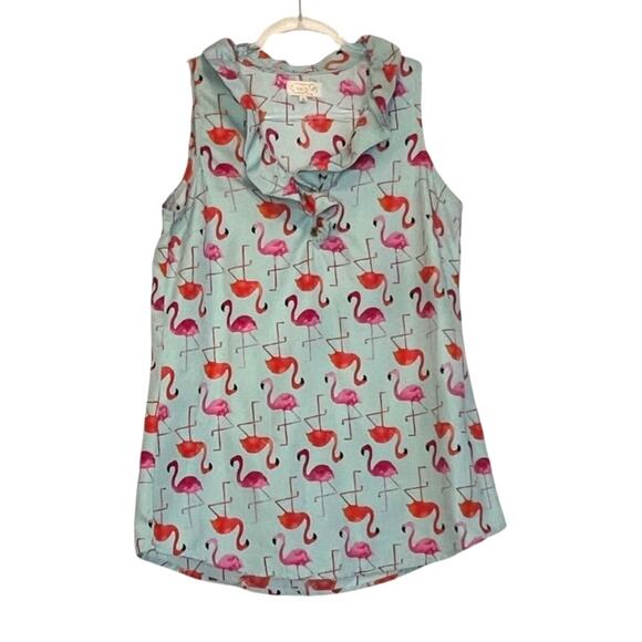 Mud Pie Flamingo Print Sleeveless Stretch Top Blue Size Small - Picture 3 of 3